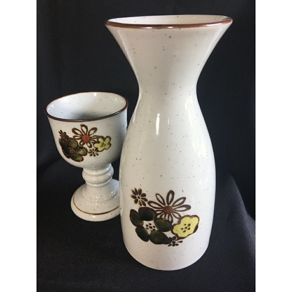 Otagiri 1970s Goblets & Carafe Set Wine Chalice Stoneware Pansy Floral Footed - Picture 2 of 12